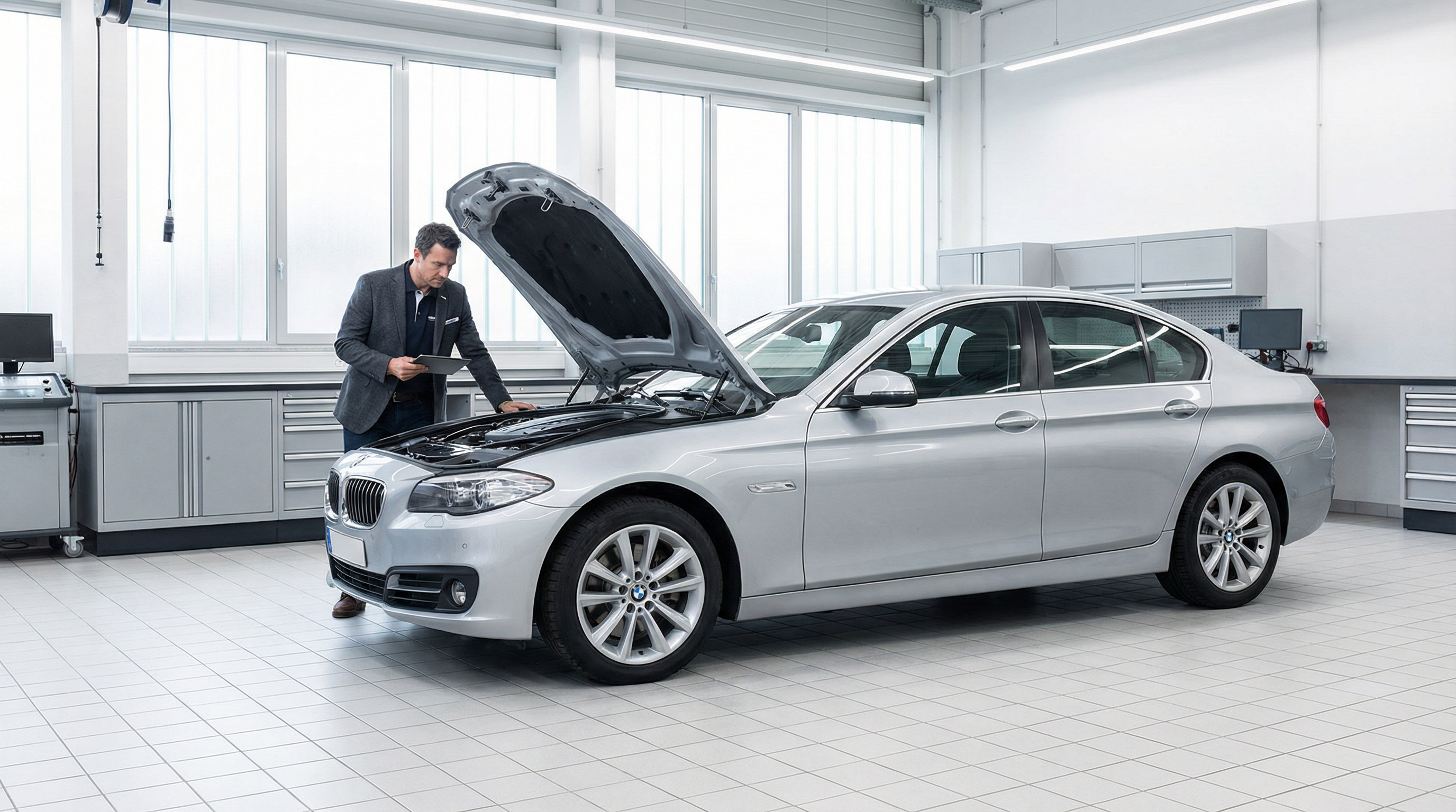 Kfz-Sachverständiger Kevin Peltzer bei der professionellen Fahrzeugbegutachtung in einer modernen Werkstatt in Ratingen, NRW